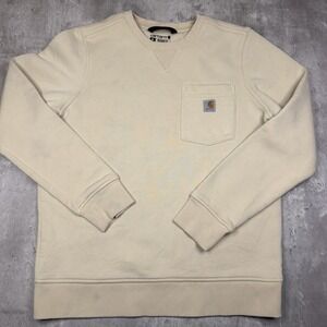 Carhartt Crewneck Sweatshirt Womens M Beige Relaxed Fit Pocket Logo Pullover